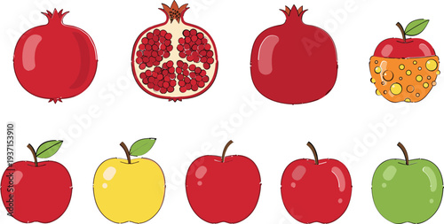 Pomegranate and Apple Fruit Collection Cartoon Vector Set of Fresh Red and Green Fruits with Seeds and Slice