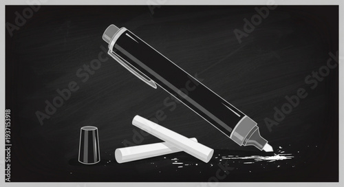 Chalk and Eraser on Blackboard Surface for Teaching.