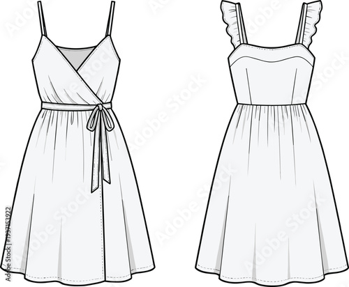 Women summer wrap dress fashion technical sketch with front and back views, elegant sleeveless midi sundress outline illustration for clothing design, apparel template use