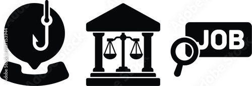 Set of icons representing scam phone call legal services and job search opportunities