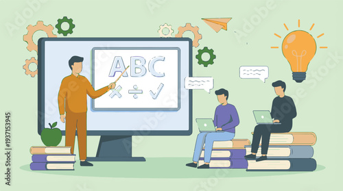 Teacher explaining a lesson on a monitor to students using laptops, modern education