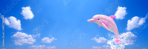 A pink dolphin leaping out of the water against a bright blue sky with clouds. Witness the playful beauty of this amazing animal and its aquatic grace.