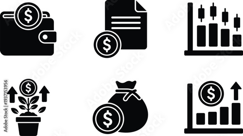 Icons depicting financial growth, broken pipe, money, and wallet with cash