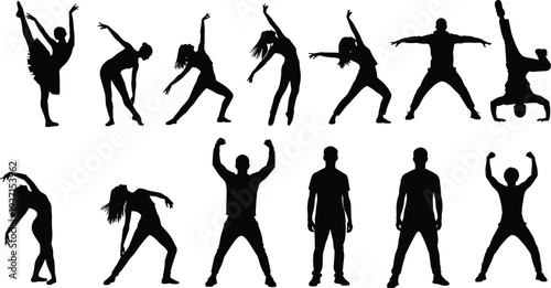 Dance and fitness silhouettes vector set people performing stretching jumping and acrobatic poses sport activity movement illustration collection