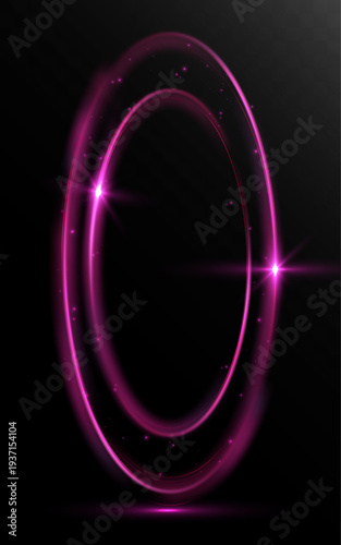 Vertical glowing pink light oval portal ring isolated on black background
