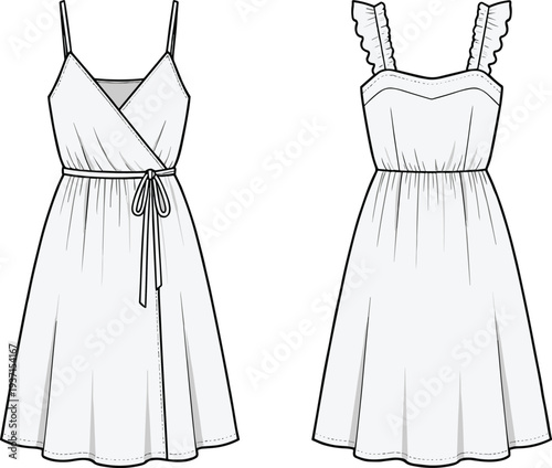 Women summer dress fashion technical sketch showing wrap sundress front and back view, elegant female garment outline illustration for clothing design, boutique apparel template