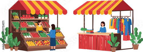 Street Market Stalls Cartoon Vector Illustration of Outdoor Vendor Booths Selling Fresh Fruits Vegetables and Clothing in Local Marketplace