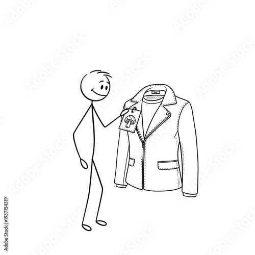 Stick figure man choosing sustainable mushroom mycelium leather jacket  