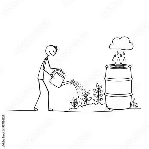 Practicing water conservation by using harvested rainwater from a collection barrel for home gardening.