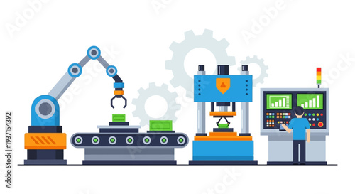 Automated Manufacturing Line: Robotic Arm, Press Machine & Human Operator Monitoring Production