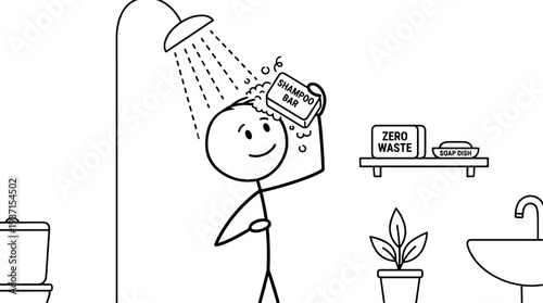 Stick figure washing hair with solid shampoo bar in shower for zero waste  