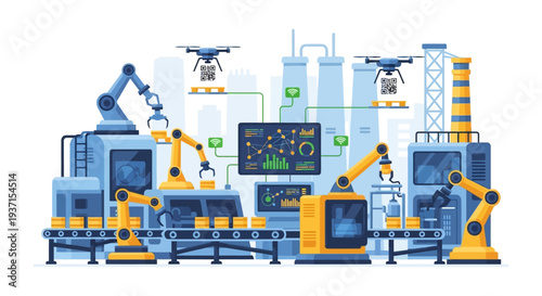 Smart Factory Automation: Robotic Arms, Drones, and Data Monitoring on a Modern Production Line - Industry 4.0 Manufacturing