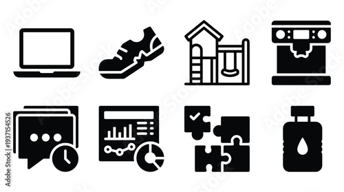 Laptop, shoe, playground, coffee machine, chat icons