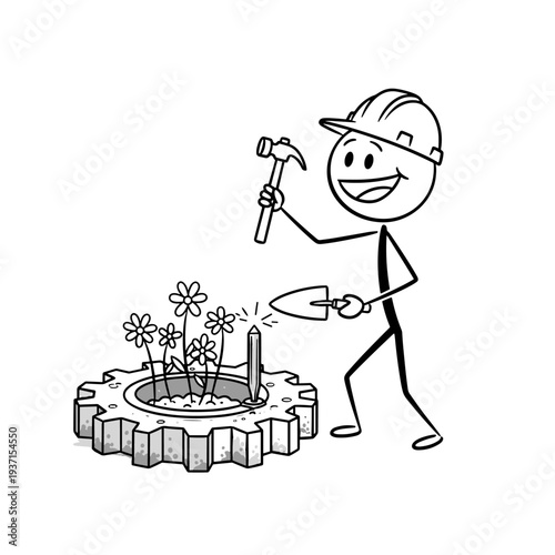 Sustainable city resident practicing circular economy by upcycling old industrial equipment into a decorative garden pot for waste reduction.