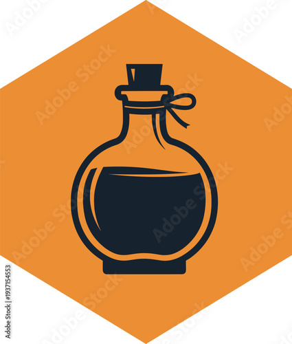 Magic potion bottle icon inside hexagon geometric badge modern fantasy alchemy symbol minimal vector illustration for halloween and mystical design