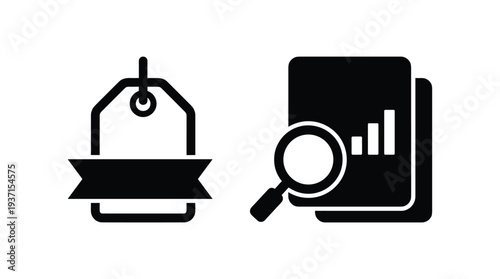 Price tag and magnifying glass over chart icons