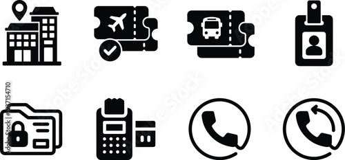 Set of eight black vector icons related to travel, identification, and communication