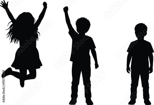 Full length silhouette of children jumping and standing with arms raised in joy and success isolated on white background vector