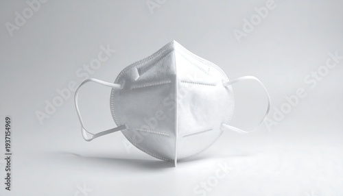 A white, folded protective mask rests on a white surface with ear loops, under bright, clean lighting