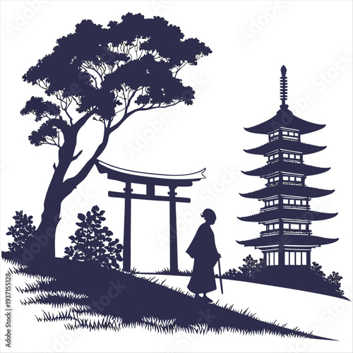 
Silhouette panorama of japanese culture featuring torii gate monk and ancient temple