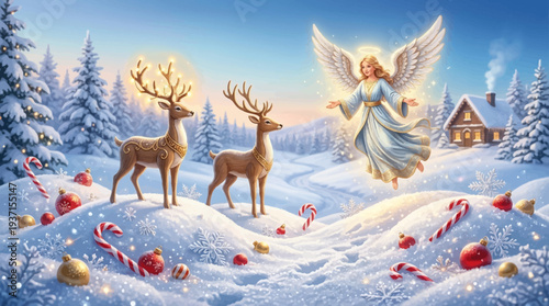 Winter wonderland scene with angel and deer in snowy landscape.