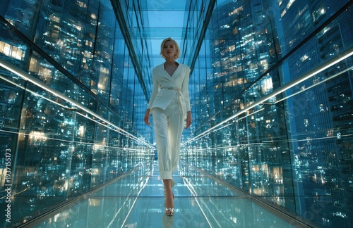 Model Walks Through a Bright Glass Corridor in a City at Night Generative AI