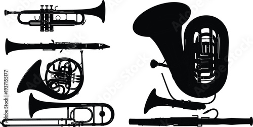 Collection of brass and woodwind musical instrument silhouettes including trumpet, trombone, tuba, clarinet and french horn isolated on white background for orchestra music design