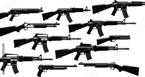 Collection of rifle and shotgun weapon silhouettes isolated on white background, military firearms set including assault rifles, hunting guns and tactical weapons illustration