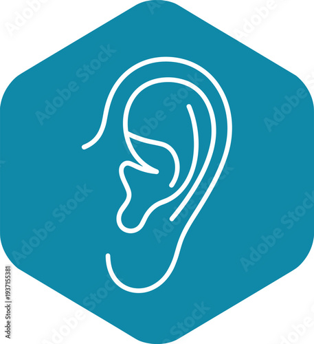 Human ear hearing icon inside hexagon geometric badge modern sound sense symbol minimal vector illustration for medical anatomy and health design