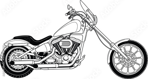 Custom chopper motorcycle detailed line art illustration, classic cruiser motorbike side view with vintage style design isolated on white background vector