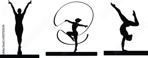Gymnastics athlete silhouettes vector illustration set female gymnast performing balance rhythmic ribbon and handstand sport action poses isolated