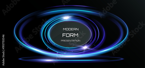 Blue glowing light rings futuristic presentation frame isolated on black background
