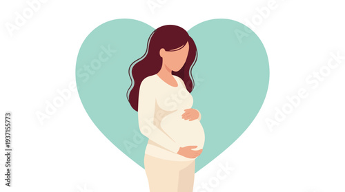 Pregnant woman tenderly holding her baby bump against a heart background