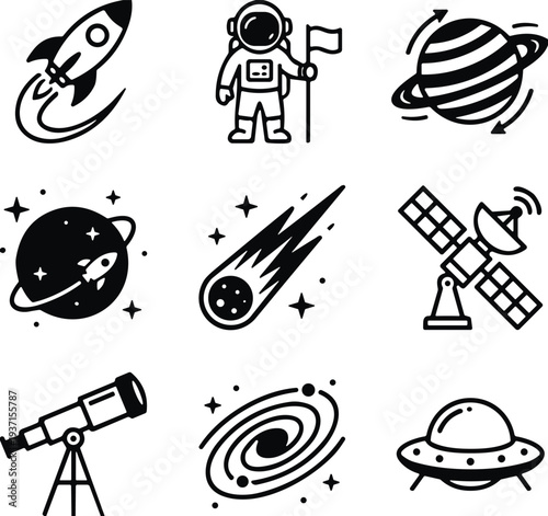 Space icons set, rocket astronaut satellite planet telescope UFO meteor galaxy symbols, astronomy and space exploration vector illustration, cosmic science collection