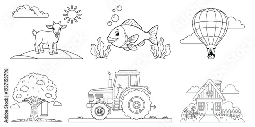 Cute cartoon outline collection with goat fish tractor tree house hot air balloon coloring pages