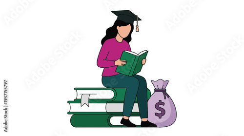 Graduate student reading on books with money, education finance concept.