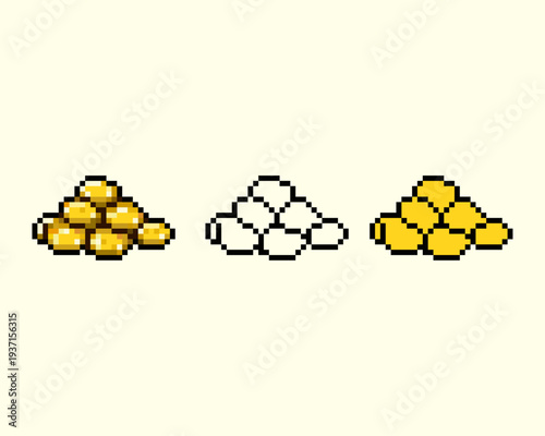 Collection of pixel art gold piles nuggets. Ideal for game currency icons, treasure room assets, and RPG loot rewards.