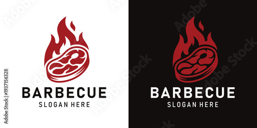 Barbecue logo design with steak and flames modern style.