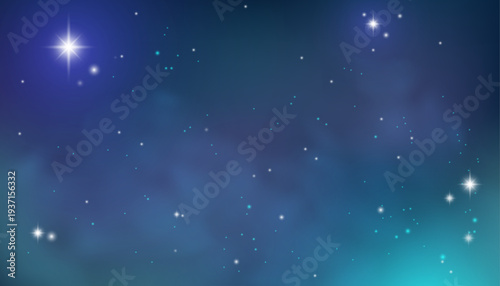 A blue space background with a dark winter night sky, sparkling stars, space dust texture, and glowing particles. Blurred night clouds. Vector abstract nebula pattern for futuristic designs
