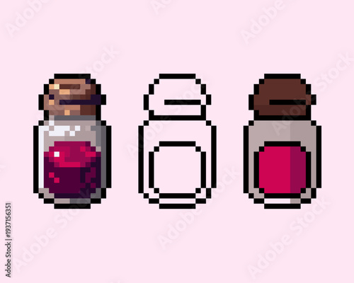 set of pixel art jam jelly jars in three styles detailed shaded with a dark red fruit filling, clean line art, and flat color