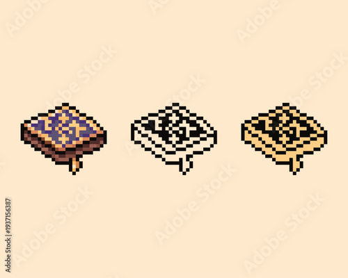 Professional set of isometric pixel art magic books grimoires in three styles detailed shaded with gold patterns, clean line art, and solid flat color