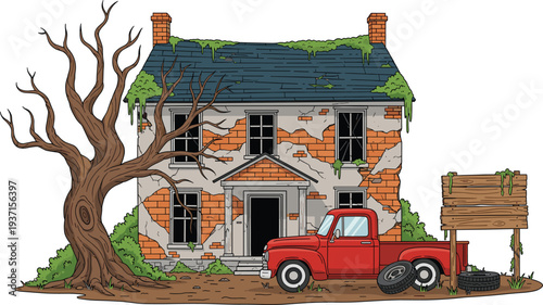 Abandoned Haunted House with Old Red Pickup Truck, Dead Tree and Broken Windows Spooky Rural Scene Vector Illustration