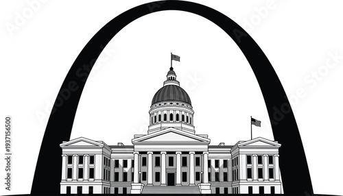 Minimalist black and white illustration of United States Capitol beneath monumental arch, symbolic American government architecture, political landmark design isolated on light background