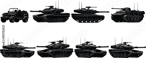 Military vehicles silhouette set featuring tanks, armored personnel carriers and off road army jeep isolated on white background, detailed combat transport vector illustration