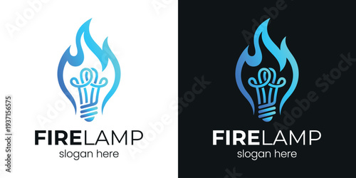 Fire Lamp Logo Design with Flame and Light Bulb for Branding.