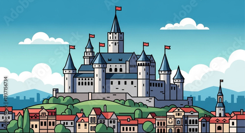 Illustration of a Classic Medieval Castle with Tall Towers and Fortified Walls.