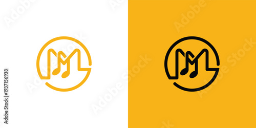 Music logo design with the letter M and musical notes in a circle.
