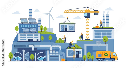 Sustainable Industrial Complex & Green Technology Infrastructure: Renewable Energy, Construction, & Resource Management Vector Illustration