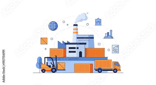 Global Logistics and Supply Chain Management Illustration: Factory, Warehouse, Forklift, & Delivery Truck for Manufacturing and Distribution