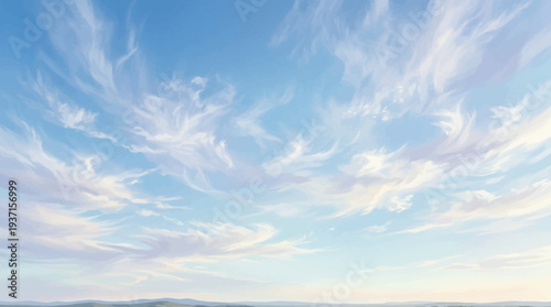 Serene blue sky with wispy white clouds at sunrise or sunset.